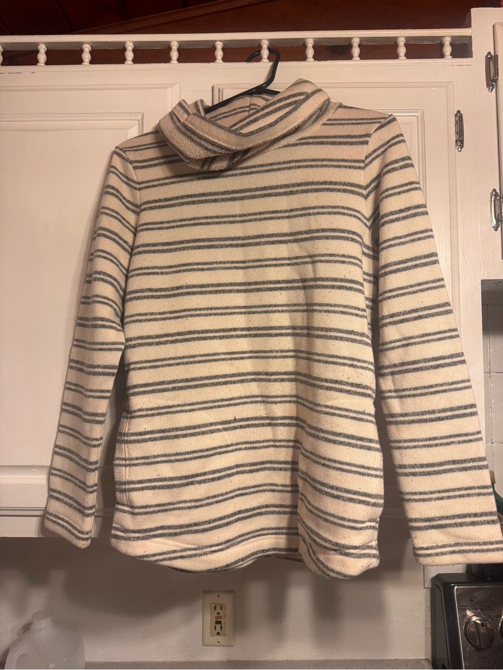 L.L. Bean Cream and Gray Striped Cowl Neck fleece size small